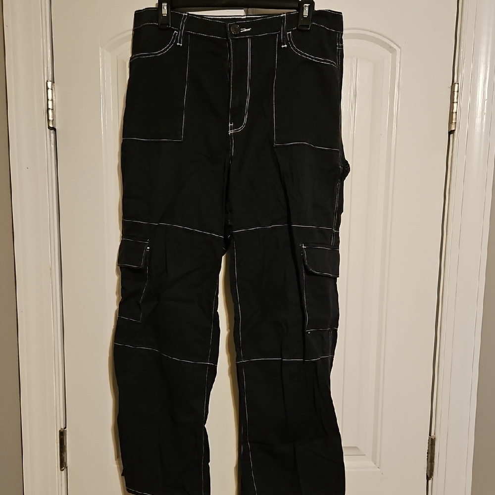 SO High-Rise Black Cargo Pants with White Accents